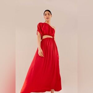 Farm Rio One Shoulder Cut-Out Two Piece Satin Midi Dress, Peachy Pink size Small